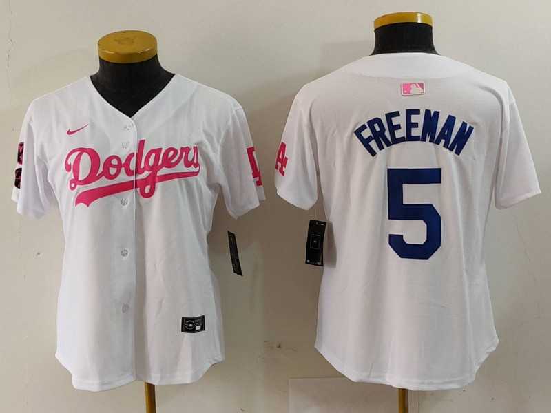Women%27s Los Angeles Dodgers #5 Freddie Freeman White Pink With Patch Limited Stitched Jersey